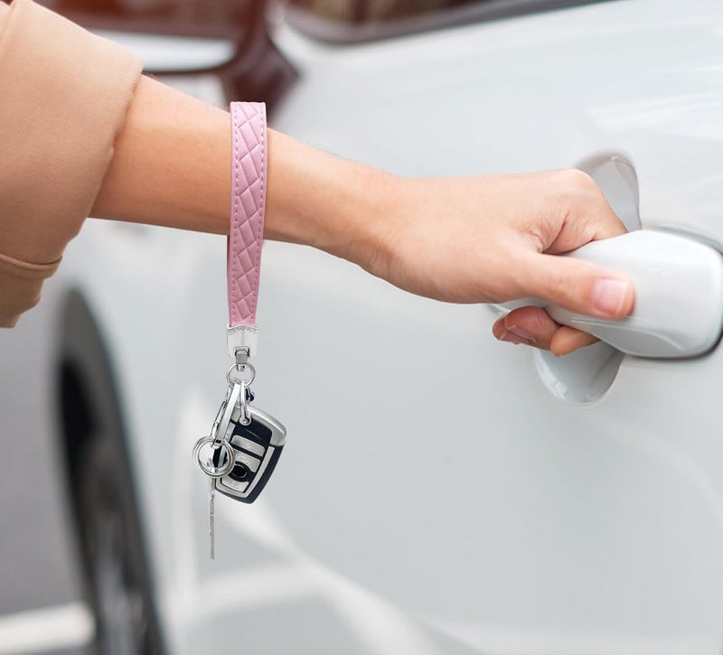 OHKYOOT Store Leather Wristlet Keychain,Car Key Chain Wrist Keychain with 3 Key Ring and Anti-Lost D Ring (Pink Silver) - Image 3